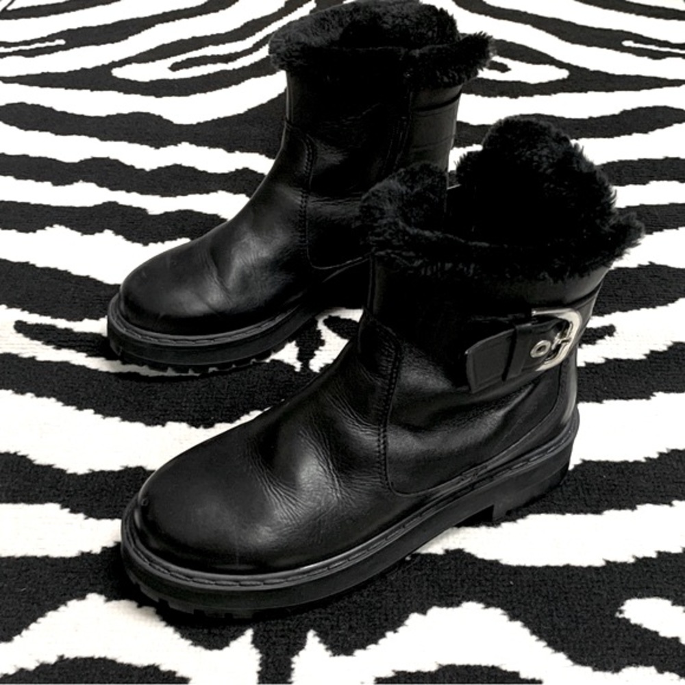 Zara Leather Moto Biker Boots Faux Fur Lining Platform Lug Soles Size 37 - Picture 5 of 12